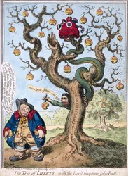 Der Baum der Freiheit mit dem Teufel, der John Bull verführt, veröffentlicht von Hannah Humphrey, 1798